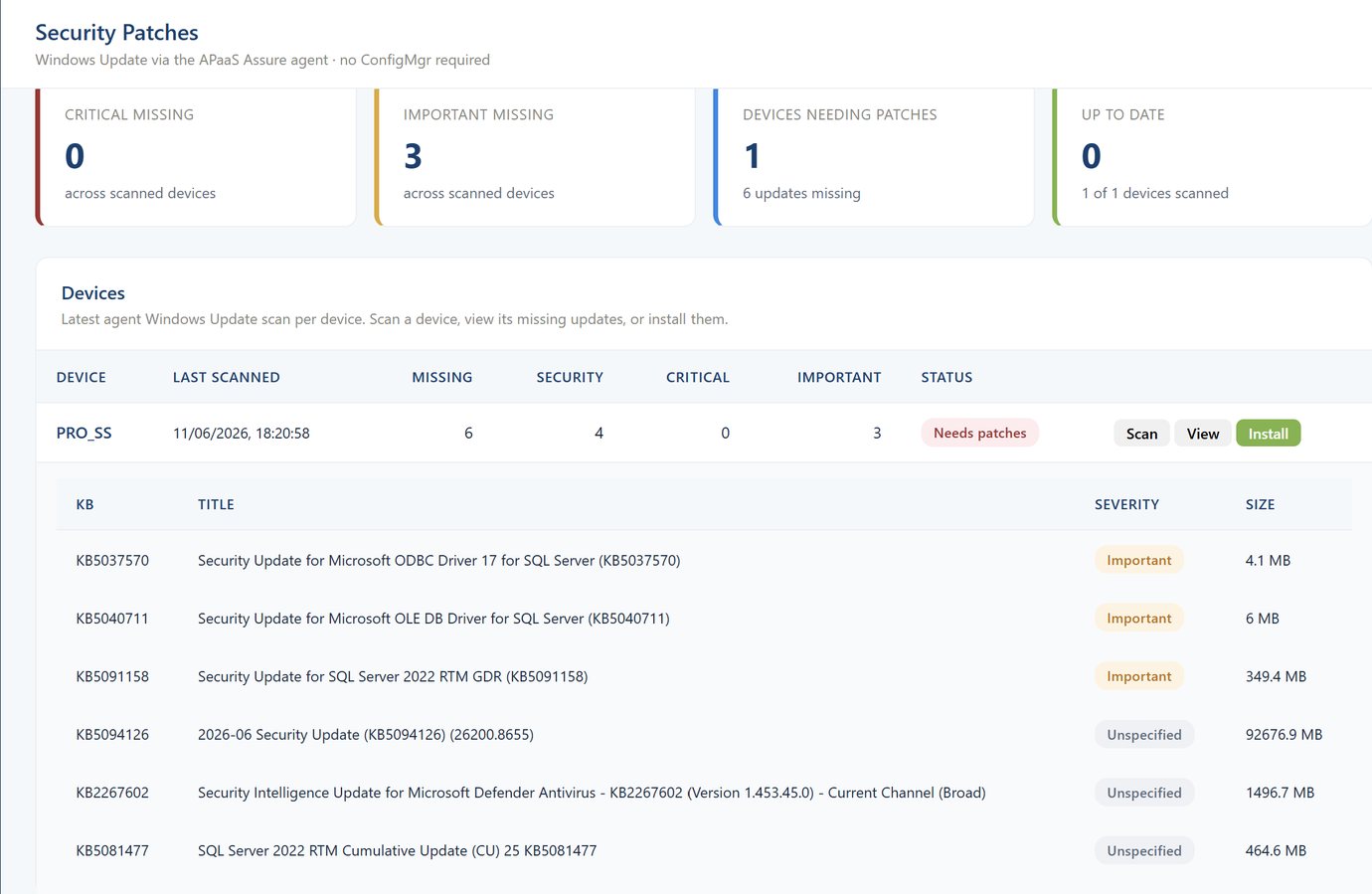 Security Patches dashboard - missing Windows Updates via the APaaS Assure agent